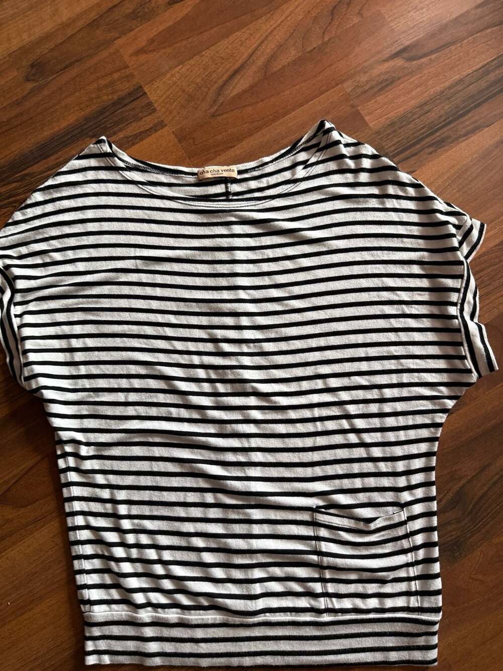 cha cha vente Black and White Striped Short Sleeve Top with Pocket and Button-Ba